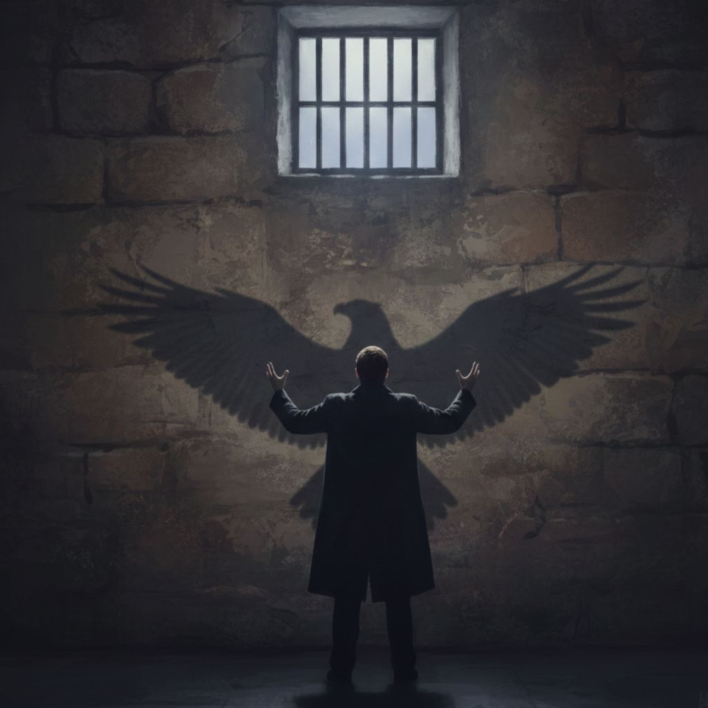 Konrad w celi więziennej rzuca cień orła, który nawiązuje do duchowego lotu bohatera w drodze po wolność