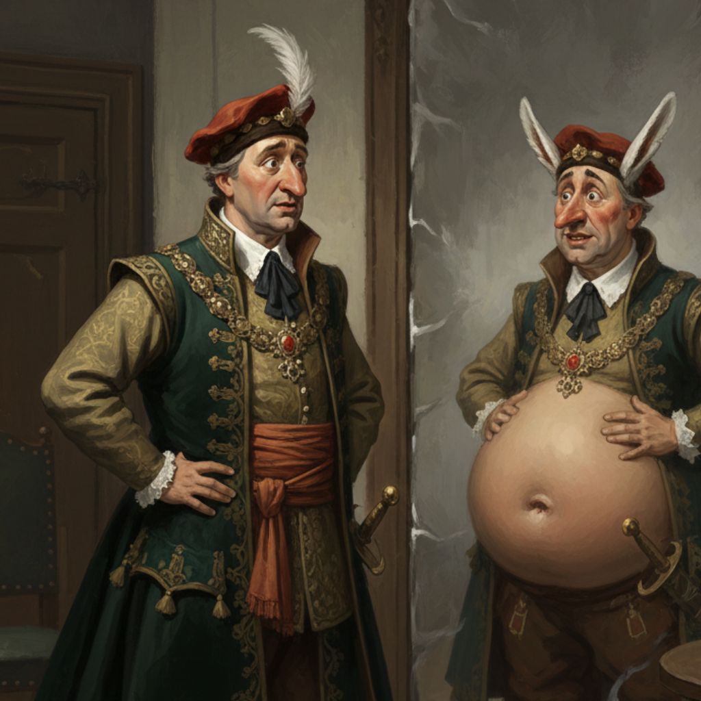 szlachcic w bogatym, zielonym stroju, który przegląda się w lustrze. Jego odbicie jest karykaturalne: ma nienaturalnie duży, wydęty brzuch, długi nos i ośle uszy przy czapce, co stanowi wizualną metaforę „krzywego zwierciadła” satyry.