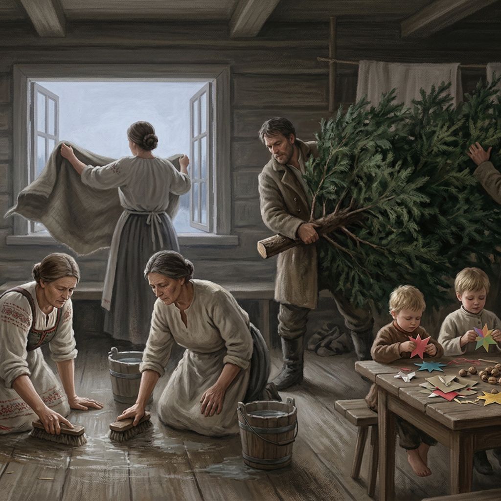 Chłopstwo przygotowujące się do Wigilii - sprzątanie izby, wnoszenie choinki i szykowanie ozdób własnoręcznie
