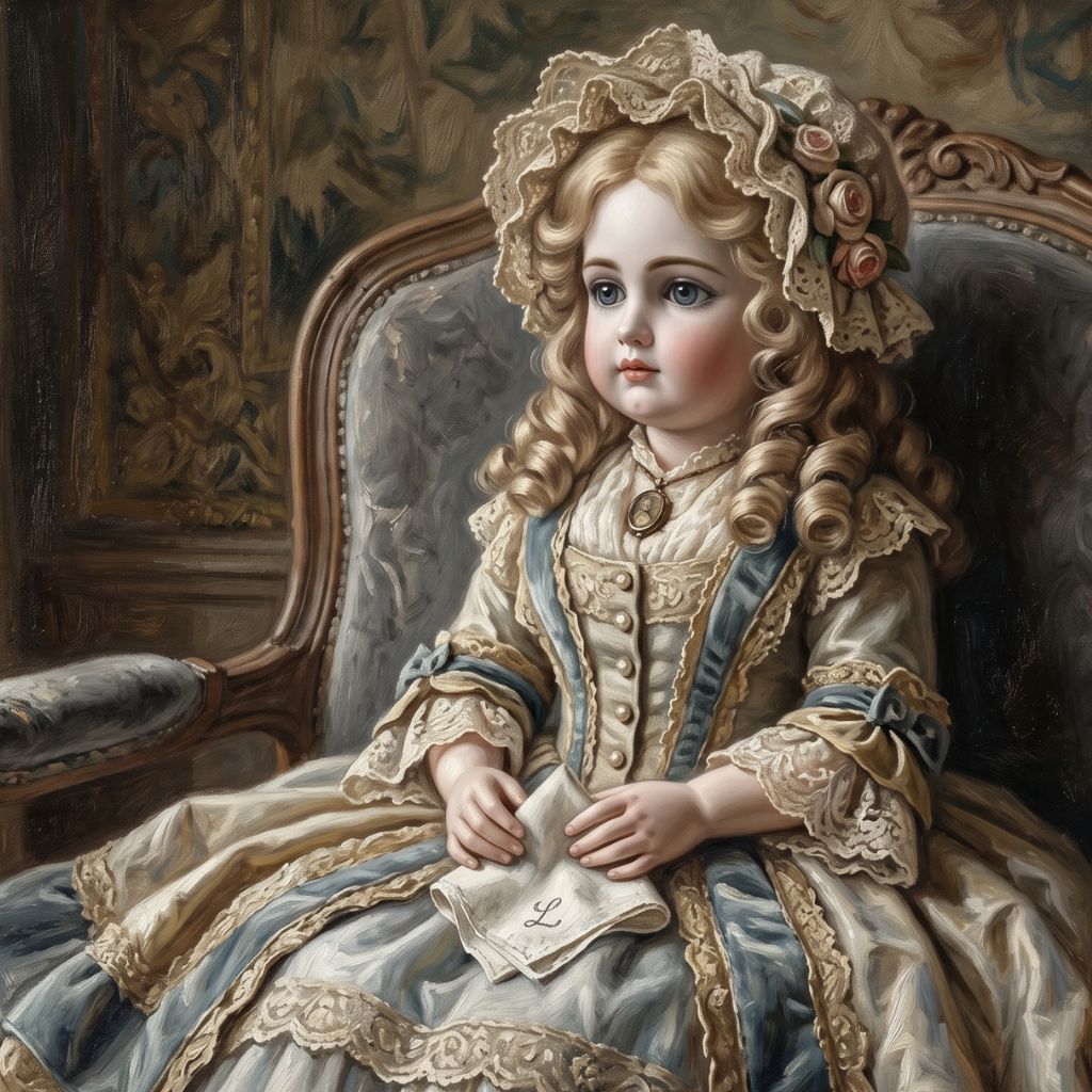 Lalka z blond lokami, ubrana w kunsztowną suknię siedzi prosto w bogato rzeźbionym fotelu w stylu ludwikowskim, we wnętrzu inspirowanym XIX wiekiem. Ilustracja idealnie oddaje znaczenie tytułu powieści Bolesława Prusa „Lalka”.