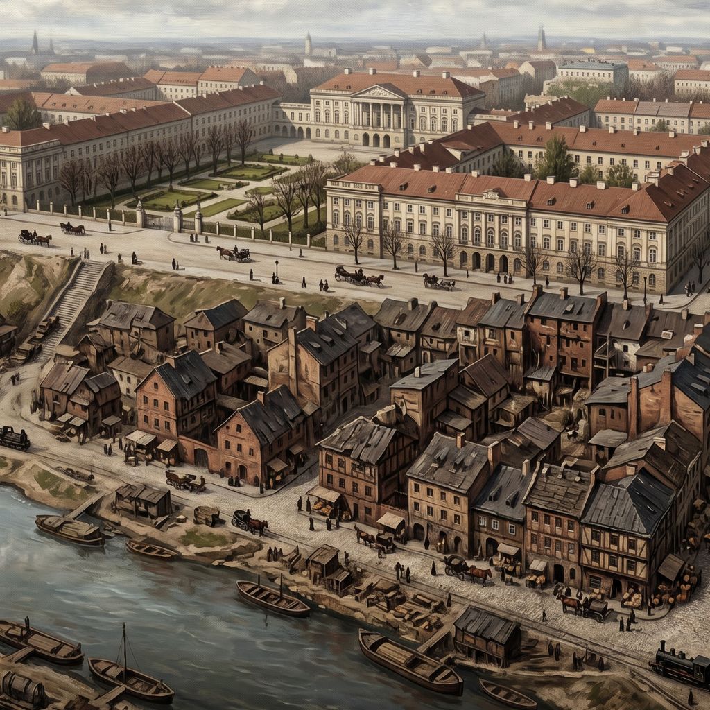 Stylizowana na XIX-wieczne malarstwo panorama Warszawy, ilustrująca kontrast społeczny opisany w „Lalce” Bolesława Prusa. W górnej części obrazu widoczne są jasne, klasycystyczne gmachy i ogrody symbolizujące prestiżowe Krakowskie Przedmieście. W dolnej części, nad brzegiem Wisły, rozciąga się ciemna, chaotyczna zabudowa biednego Powiśla z drewnianymi domami i dymiącymi kominami.