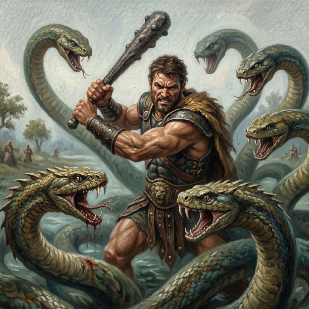 Herakles walczący z hydrą. Mitologiczny bohater dzierży ciężką maczugę, mierząc się z potworem o wielu wężowych głowach.